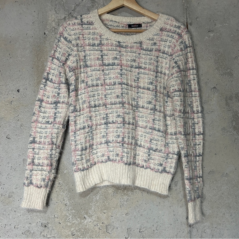 Y2k 2000s geegee waffle knit plaid cream blue pink crewneck sweater small